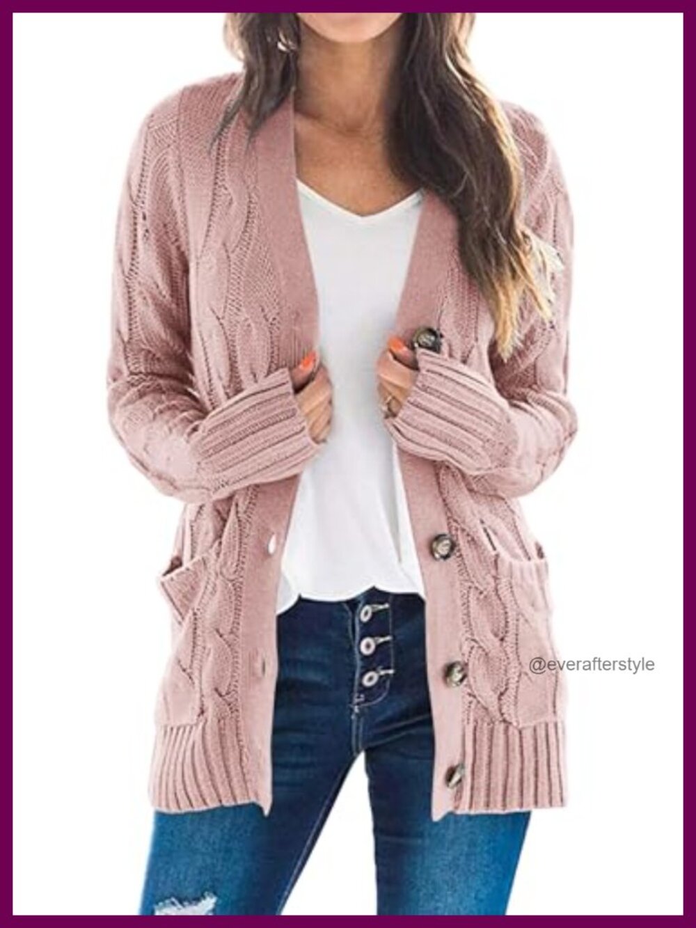 Women Chunky Cable Knit Cardigan Button Down Long Sleeve V-Neck Sweater